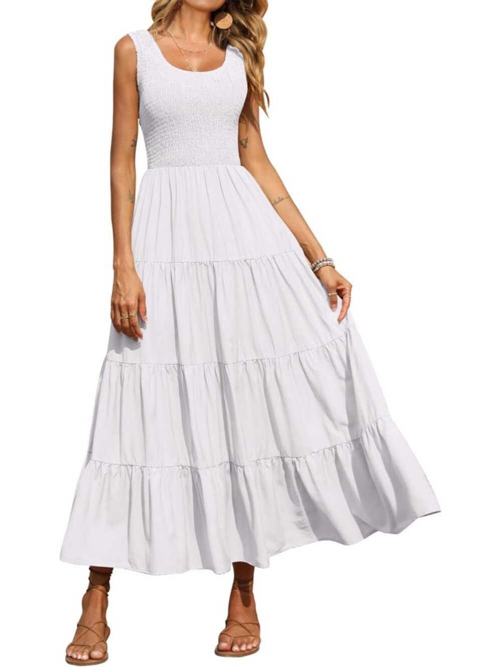 Women's Dress Maxi White Polyester Scoop Neck Short Vacation Casual Summer
